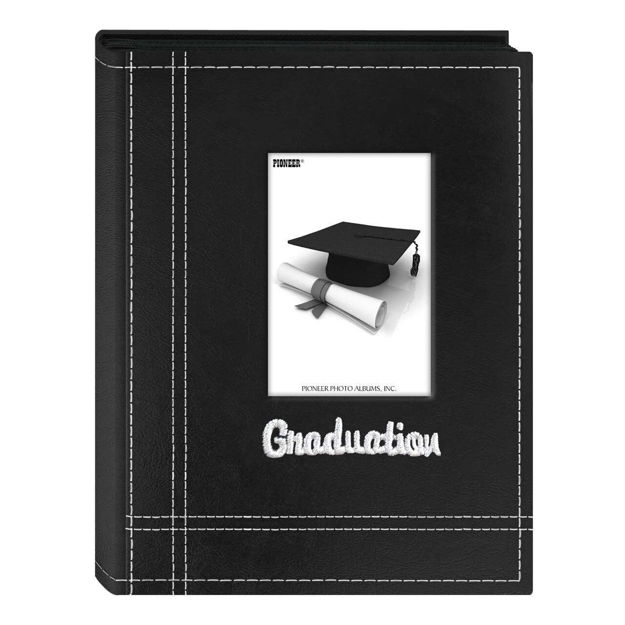 Photo Albums 36-Pocket Sewn Leatherette Embroidered "Graduation" Theme Frame Cover Album for 4 by 6-Inch Prints, Black